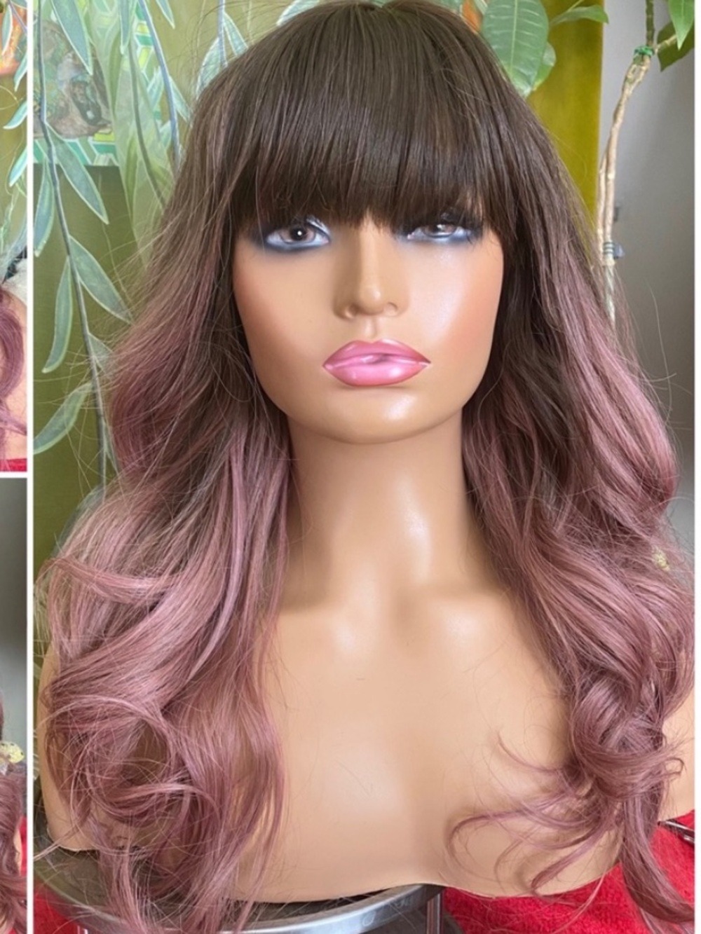 brunette pink purple wig with bangs